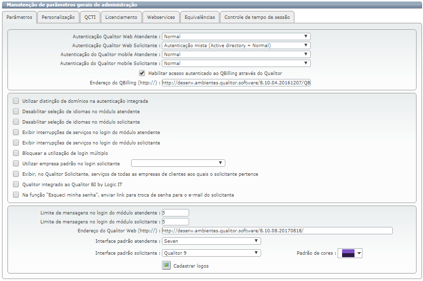 ADMINISTRADOR Parametrização do Qualitor Parâmetros gerais do